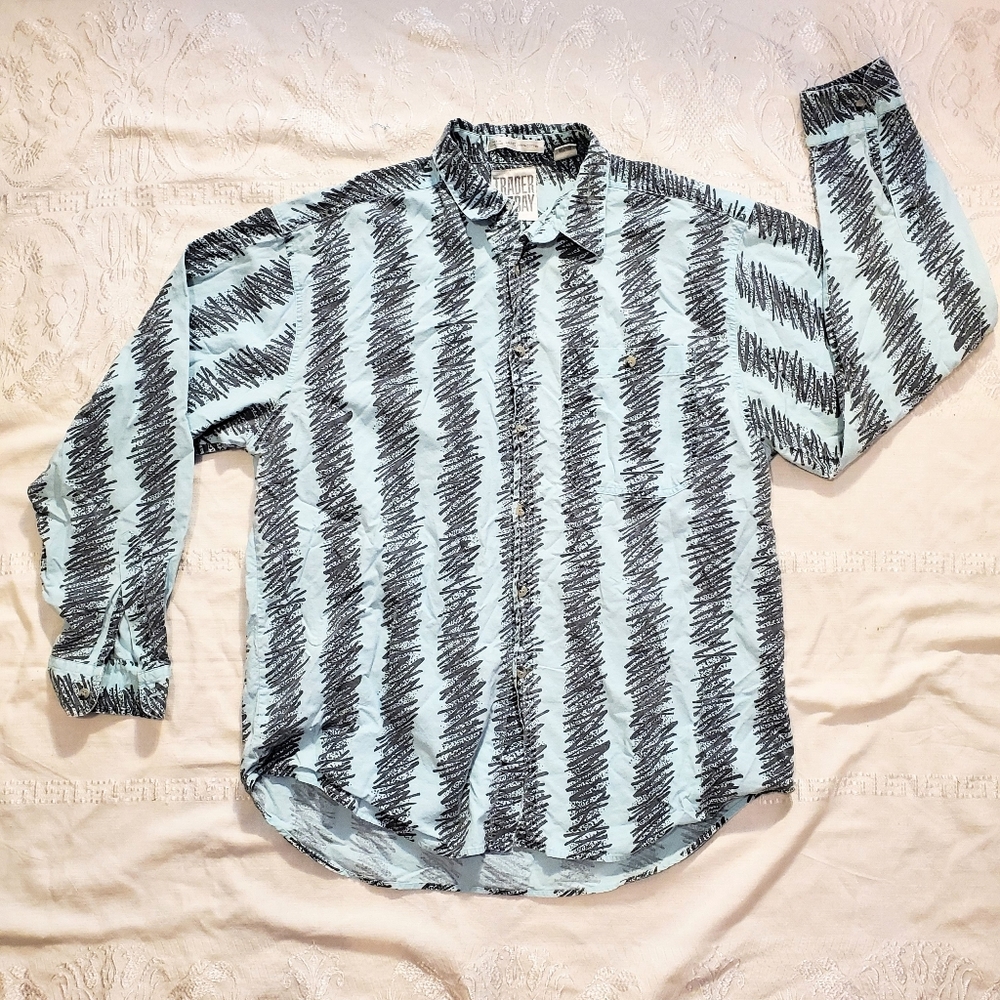 Vintage 90s Trader Bay Blue & Gay Long Sleeve Button Up Shirt Large Geometric